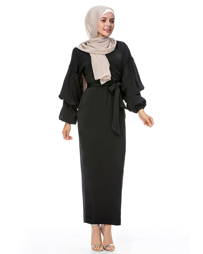 Bubble sleeves Muslim dress abayas irregular abaya dubai islamic 4 colors was thin abayas with belt