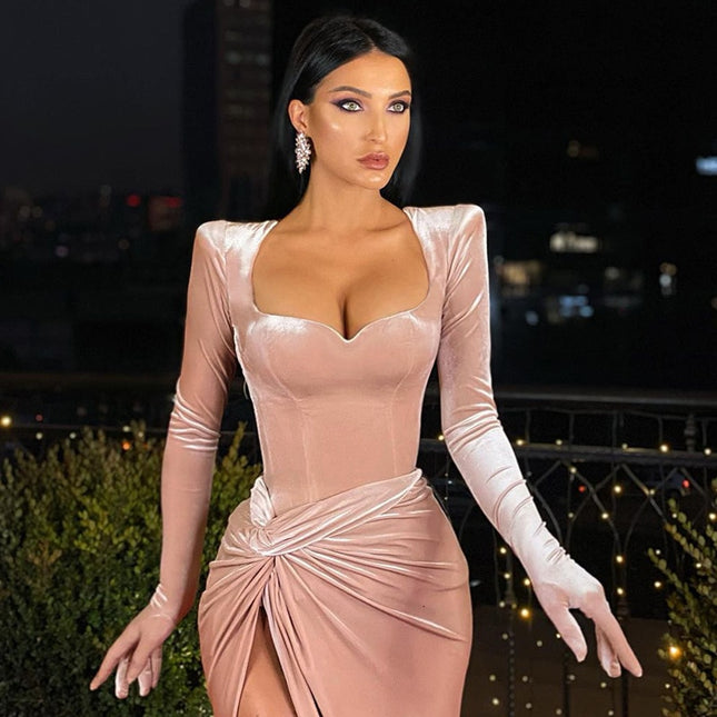 Elegantes Abendkleid Langarm Samt Schlitz Maxi-Kleid Geraffte Kleider für Damen Abend-Club-Outfits mit Handschuhen