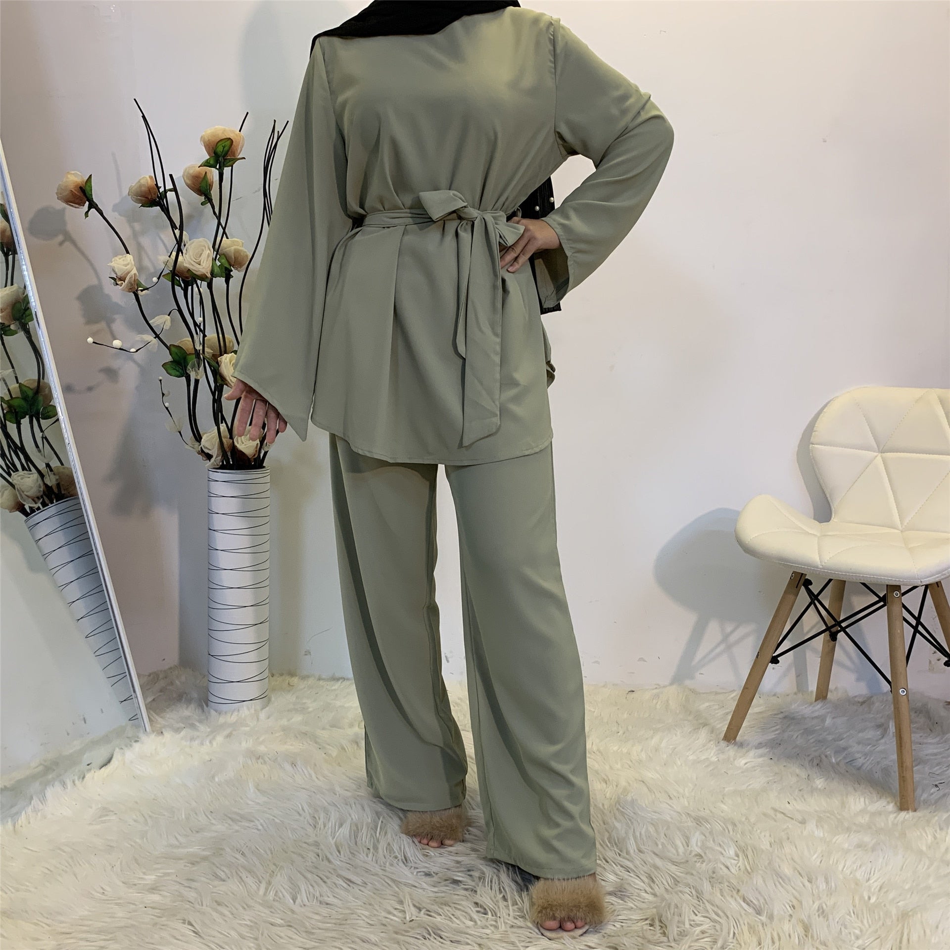 2 Pieces Dubai Abaya Hijab Muslim Dress Women Kaftan Islamic Clothing Grote Maten Dames Kleding Ensemble Femme Musulmane