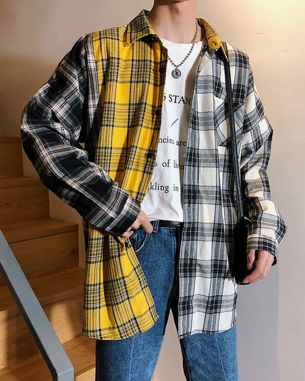 Men Oversized Cotton Plaid Shirt 2023 Man Hip Hop Patchwork Button Up Long Sleeve Shirt Couple Korean Harajuku Clothing