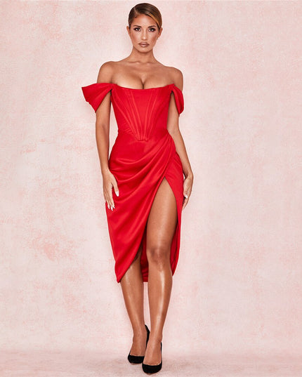 Schulterfreies, sexy trägerloses Corsagen-Satin-Kleid mit Schlitz, Fashion 2023, Bodycon-Kleid für Damen, Party, Nachtclub, elegant
