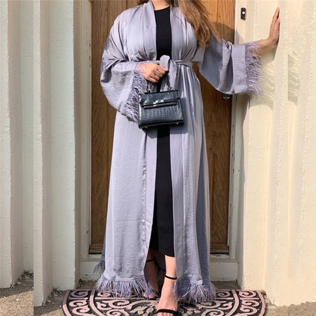 Maxi Dress Eid Djellaba Abaya Dubai Shiny Soft Silky Muslim Abaya Feather Stitching Muslim Dress Islam Abayas With Belt