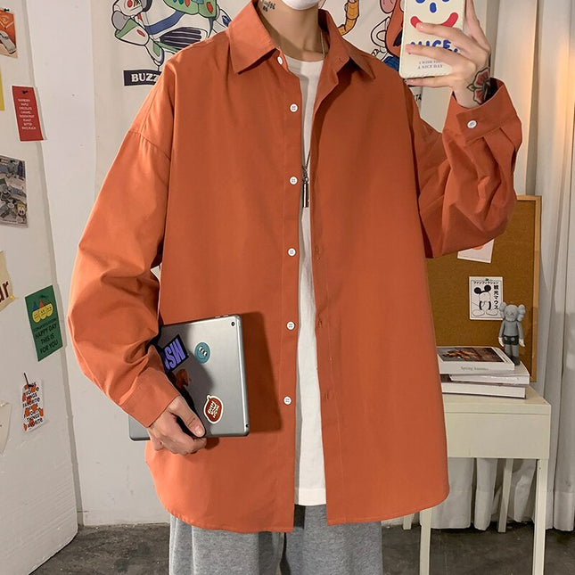 Men Solid Vintage Long Sleeve Harajuku Shirts 2023 Mens Japanese Streetwear Causal Shirts Man Button Up Oversized Shirt