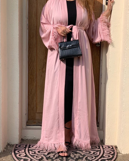 Maxi Dress Eid Djellaba Abaya Dubai Shiny Soft Silky Muslim Abaya Feather Stitching Muslim Dress Islam Abayas With Belt