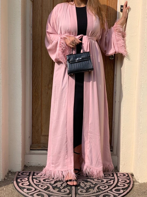 Maxi Dress Eid Djellaba Abaya Dubai Shiny Soft Silky Muslim Abaya Feather Stitching Muslim Dress Islam Abayas With Belt
