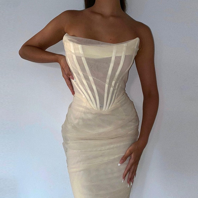 Elegantes Korsett-Bustier mit Rüschen, Mesh-Midikleid, Party, Nachtclub, sexy rückenfreies, trägerloses Sommerkleid, Bodycon