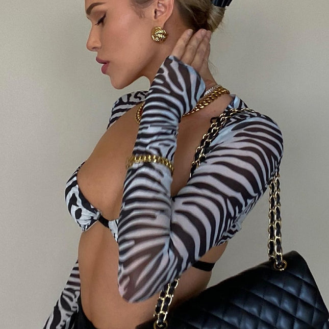 Mode Zebra-Print Mesh Durchsichtige Langarm Crop Tops Sommer Damen T-Shirts Schmale Sexy T-Shirts Kleidung