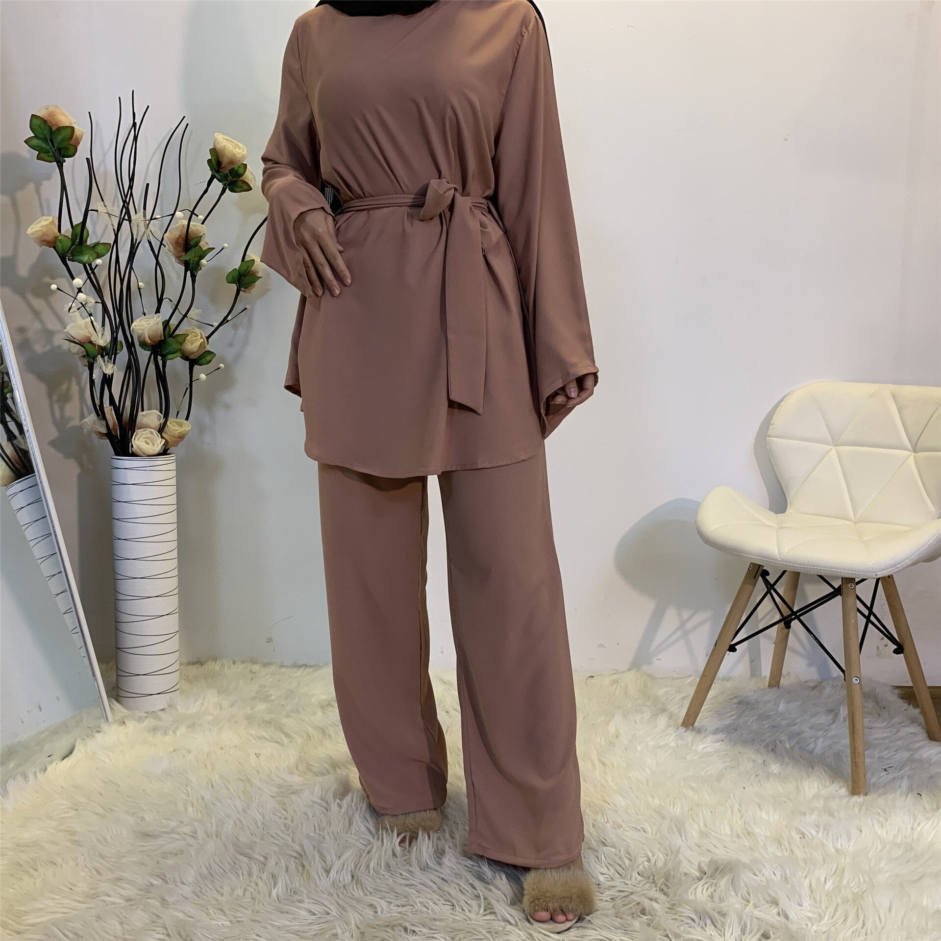 2 Pieces Dubai Abaya Hijab Muslim Dress Women Kaftan Islamic Clothing Grote Maten Dames Kleding Ensemble Femme Musulmane