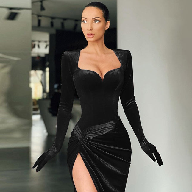 Elegantes Abendkleid Langarm Samt Schlitz Maxi-Kleid Geraffte Kleider für Damen Abend-Club-Outfits mit Handschuhen