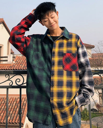 Men Oversized Cotton Plaid Shirt 2023 Man Hip Hop Patchwork Button Up Long Sleeve Shirt Couple Korean Harajuku Clothing