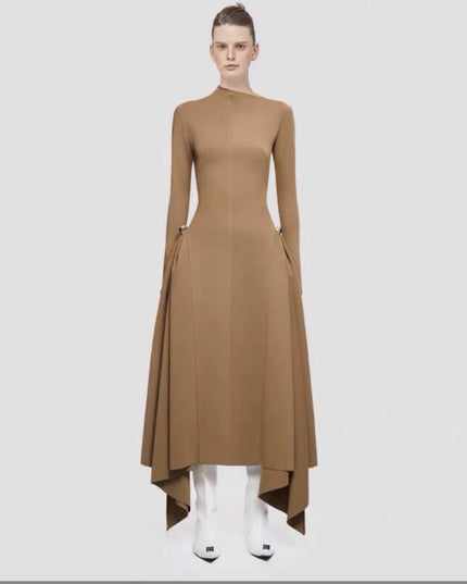 Diagonalkragen Asymmetrisches Schlichtes Elegantes Tailliertes Langarmkleid