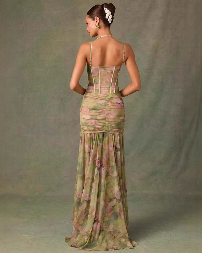 Ärmelloses, plissiertes bedrucktes Fischgrät-Kleid mit Taillensplit und Meerjungfrauen-Saum