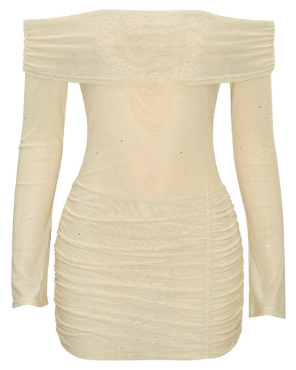 Solid Color Off-shoulder Sexy Mesh Slim Fit Pleated Short Dress