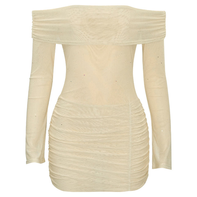 Einfarbiges, schulterfreies, sexy, eng anliegendes, plissiertes Minikleid aus Mesh