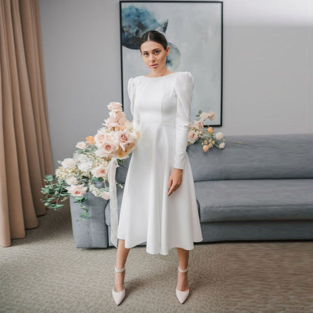 Weißes elegantes Bankettkleid – hohe Taille, Puffärmel