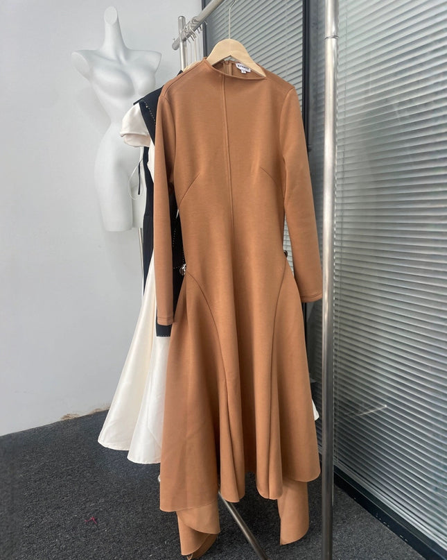 Diagonalkragen Asymmetrisches Schlichtes Elegantes Tailliertes Langarmkleid