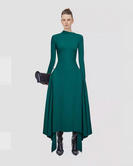 Diagonalkragen Asymmetrisches Schlichtes Elegantes Tailliertes Langarmkleid