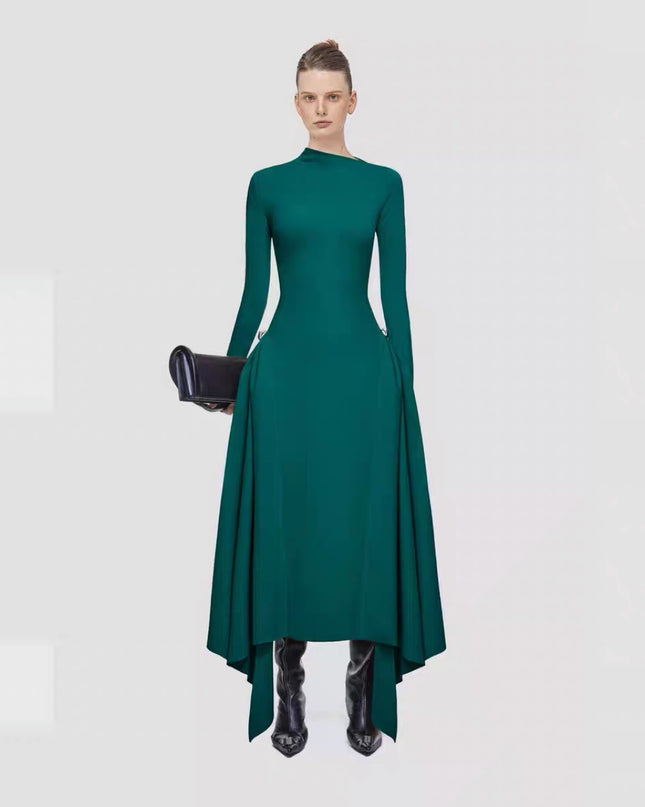 Diagonalkragen Asymmetrisches Schlichtes Elegantes Tailliertes Langarmkleid