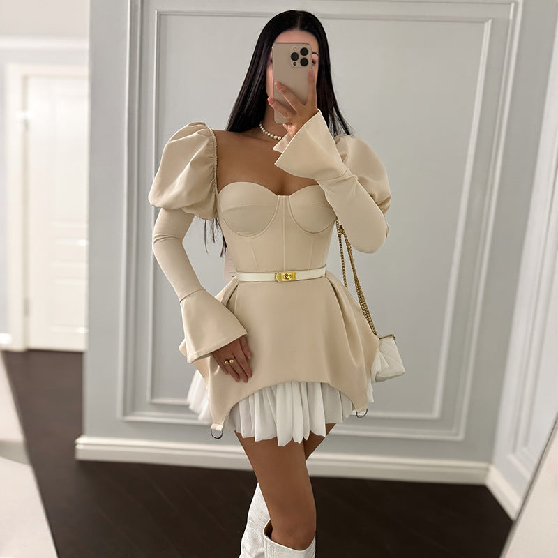 Wrapped Chest Stitching Irregular Puff Sleeve Dress Skirt