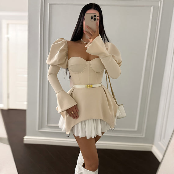 Wrapped Chest Stitching Irregular Puff Sleeve Dress Skirt