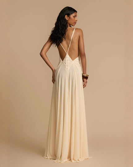 Elegance Simplicity Hollow Out Stitching Lace Sling Color Dress
