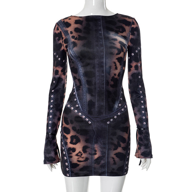 Winter Neues Kontrastfarben-Leopardenmuster Metall Schnalle Kurzes Kleid