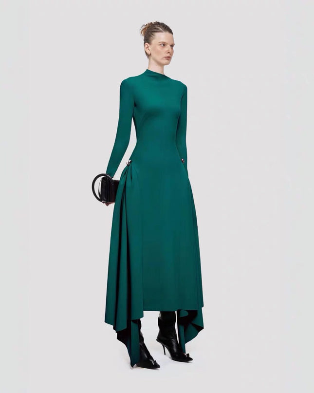Diagonalkragen Asymmetrisches Schlichtes Elegantes Tailliertes Langarmkleid