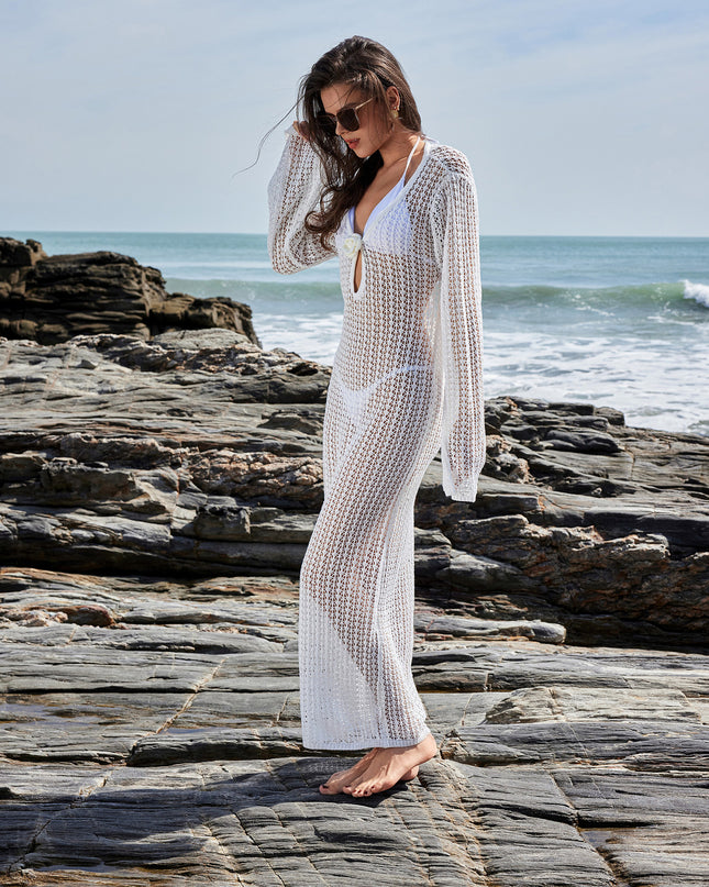 Gestrickter Pullover V-Ausschnitt A-Linien-Rock-Kleid