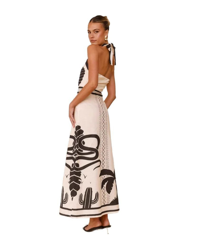 Muscheldruckkleid im Urlaubsstil mit Neckholder und tailliertem A-Linien-Schnitt