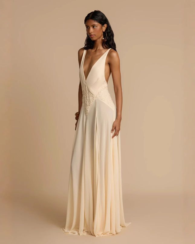 Eleganz Schlichtheit Aushöhlen Nähen Spitze Sling Farbkleid