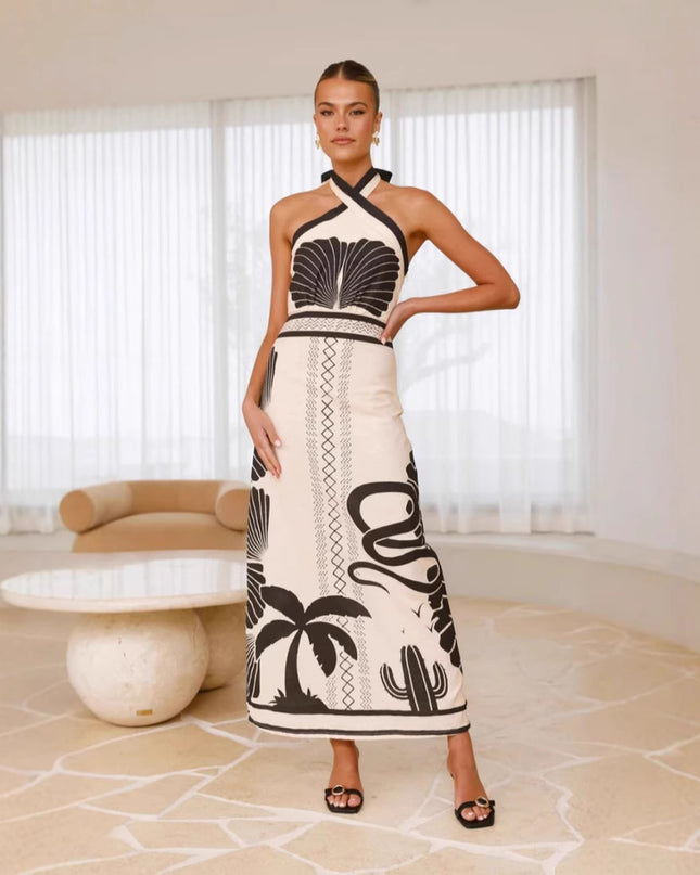 Muscheldruckkleid im Urlaubsstil mit Neckholder und tailliertem A-Linien-Schnitt