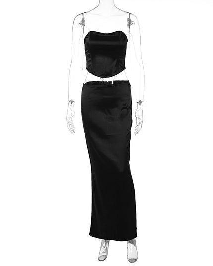 Solid Color Fashion Lace-up Bandeau Sexy Sheath Dress Suit