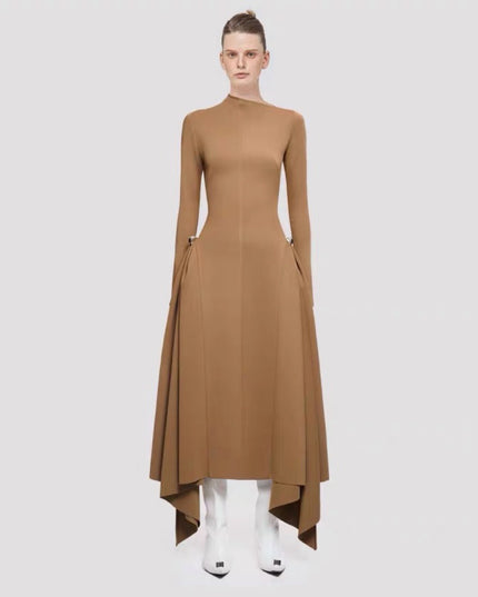 Diagonalkragen Asymmetrisches Schlichtes Elegantes Tailliertes Langarmkleid