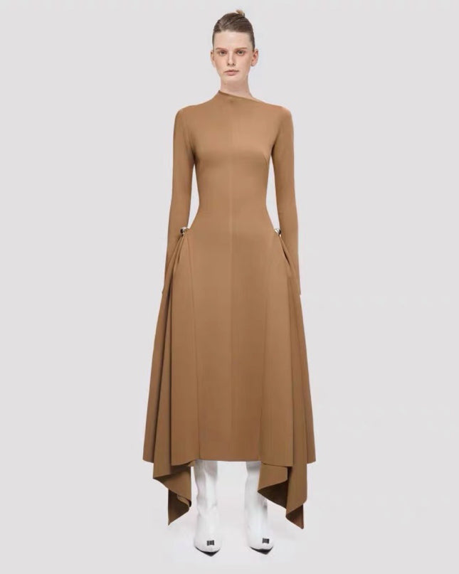 Diagonalkragen Asymmetrisches Schlichtes Elegantes Tailliertes Langarmkleid