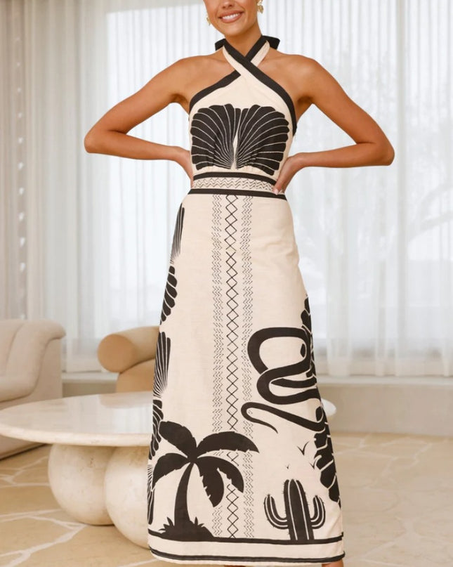 Muscheldruckkleid im Urlaubsstil mit Neckholder und tailliertem A-Linien-Schnitt