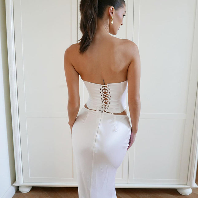 Solid Color Fashion Lace-up Bandeau Sexy Sheath Dress Suit