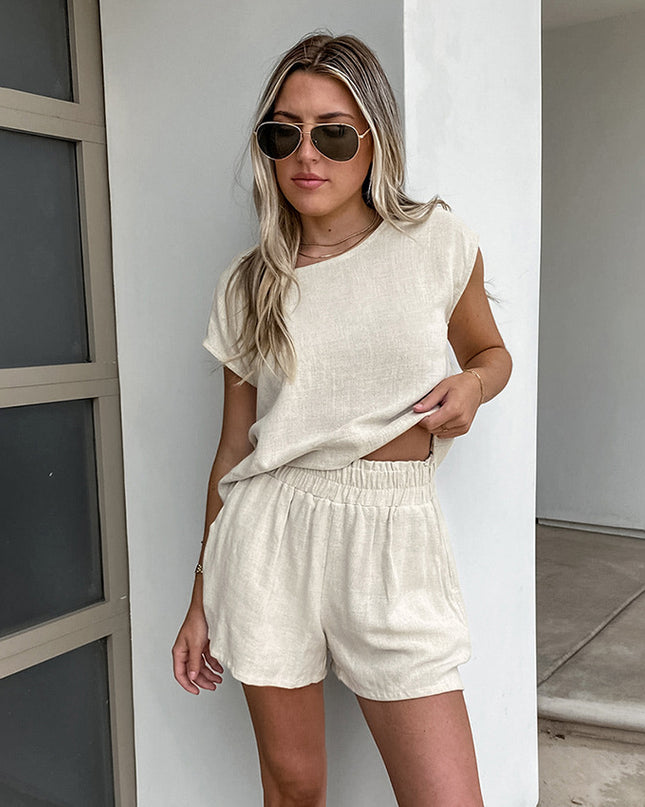Khaki Cotton & Linen Two-Piece Set for Women