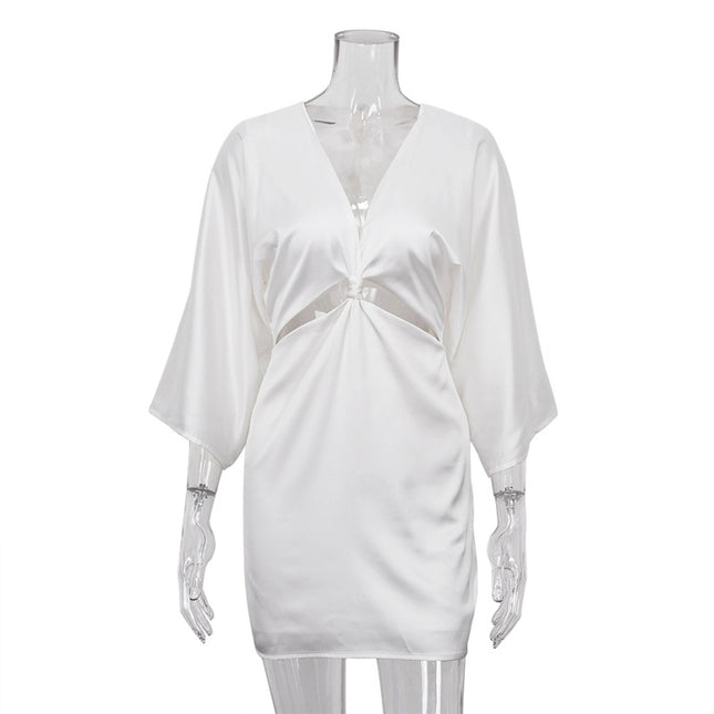 V-Ausschnitt, hohl, verdreht, Dreiviertelarm, enges Kleid