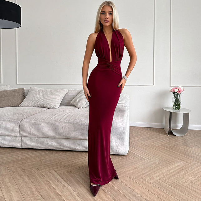 Damenbekleidung V-Ausschnitt Neckholder Rückenfreies Plissiertes Kleid mit Hoher Taille