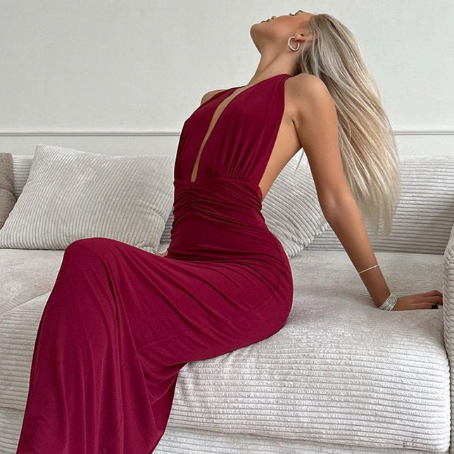 Damenbekleidung V-Ausschnitt Neckholder Rückenfreies Plissiertes Kleid mit Hoher Taille