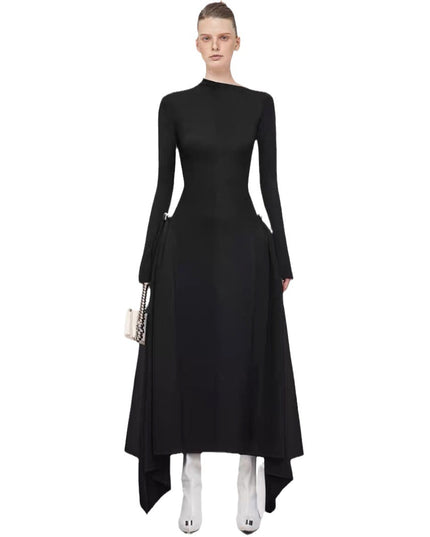 Diagonalkragen Asymmetrisches Schlichtes Elegantes Tailliertes Langarmkleid