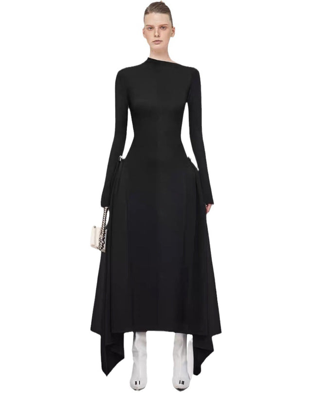 Diagonalkragen Asymmetrisches Schlichtes Elegantes Tailliertes Langarmkleid