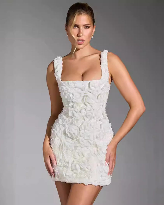 Elegantes Neckholder-Kleid mit Blumenmuster – Weiße Organza