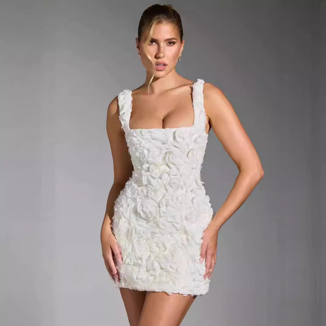 Elegant Floral Tube Top Dress - White Organza