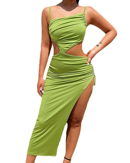Elegantes, ausgeschnittenes Plisseekleid in Weiß/Grün – Damenmode