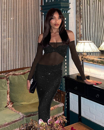 Neues sexy glänzendes schulterfreies, figurbetontes durchsichtiges Netzstoffkleid