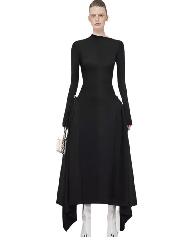 Diagonalkragen Asymmetrisches Schlichtes Elegantes Tailliertes Langarmkleid