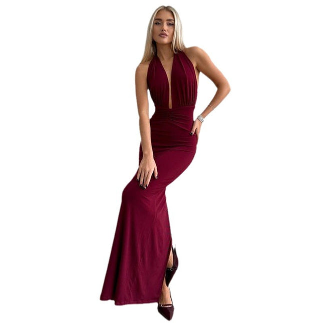 Damenbekleidung V-Ausschnitt Neckholder Rückenfreies Plissiertes Kleid mit Hoher Taille