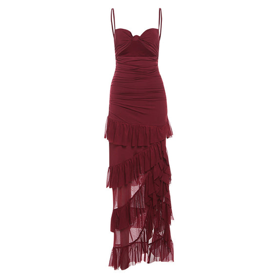 Hollow-out Side Slit Backless Gauzy Sling Dress Women