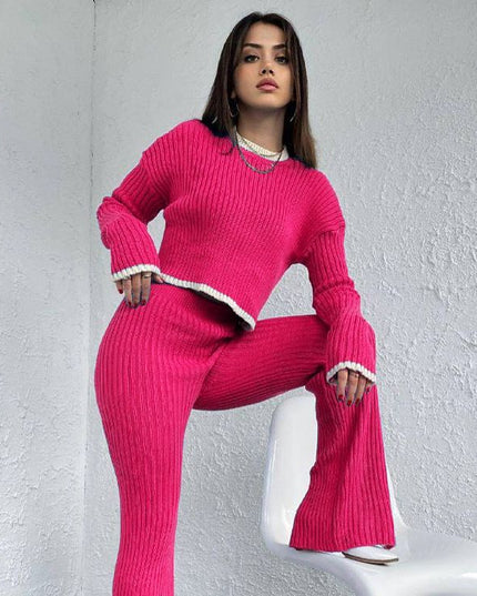 Fashion Knit Sweaters 2 Piece Sets Elegant Outfits for Women Casual Top and Pants Slit Sets Matching Sets Clothes